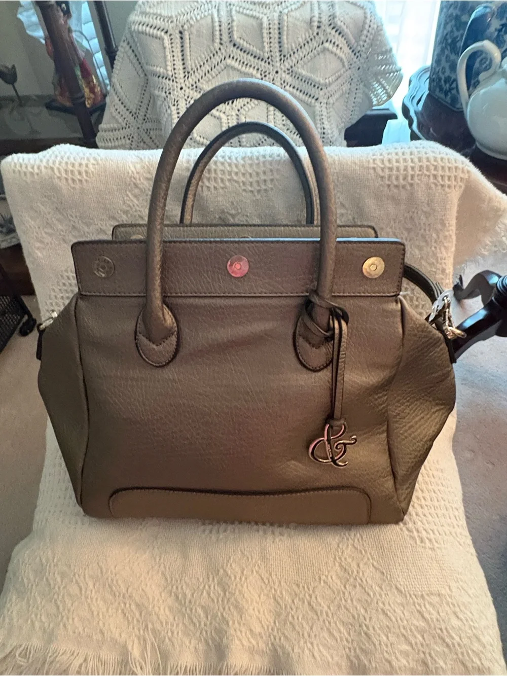 Structured Leather Tote Handbag - Taupe